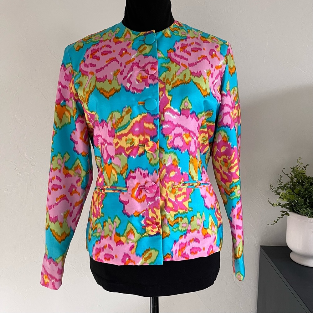 Vintage JOAN DEVIN Silk Floral Blazer Jacket Vibrant Pink Turquoise Colors Sz 8